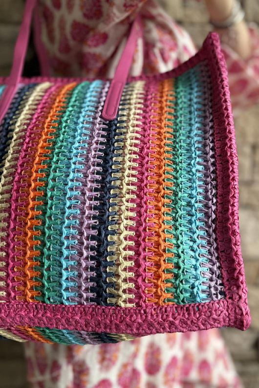 Kondi Rainbow Raffia Tote Bag Pink